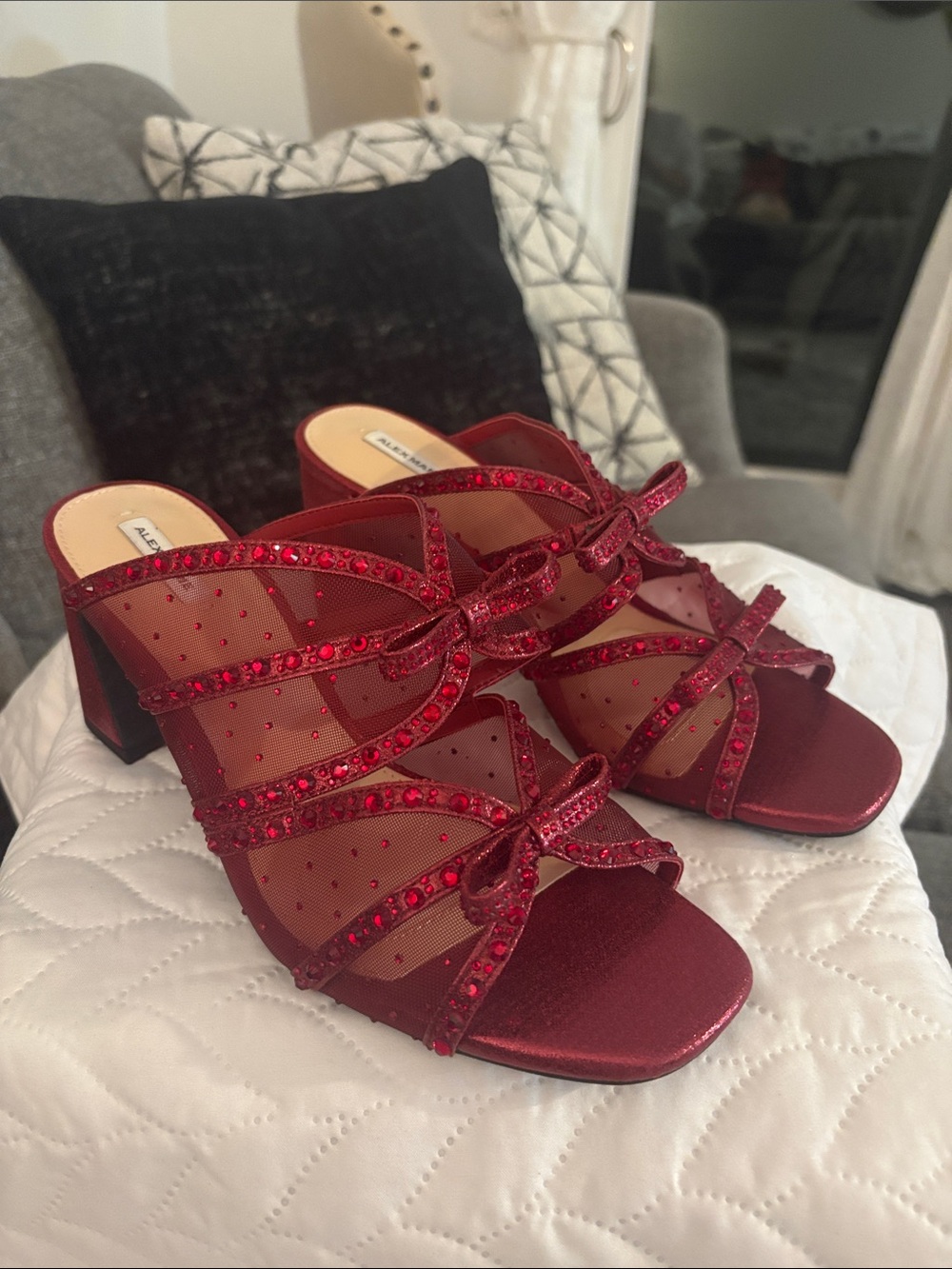 Alex Marie  Red Crystal Bow Mesh Block Heel Mules